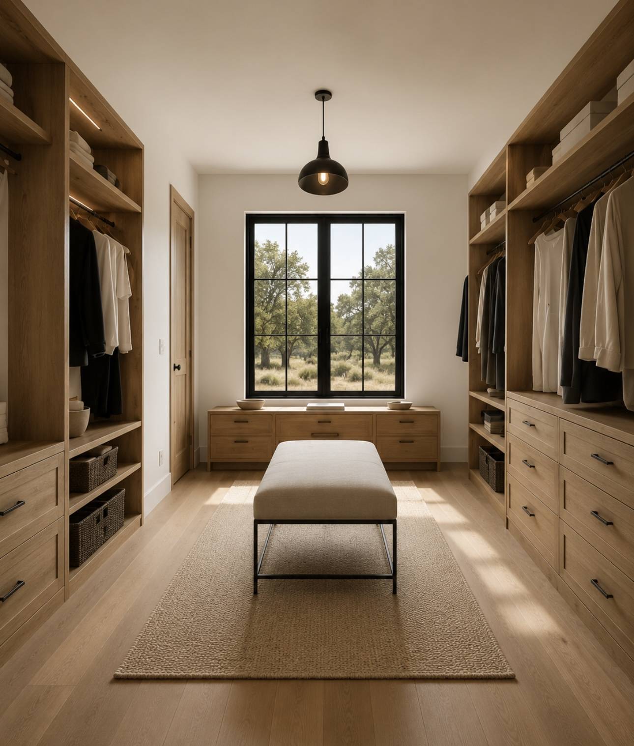 Light wood walk-in closet with bench and window seat