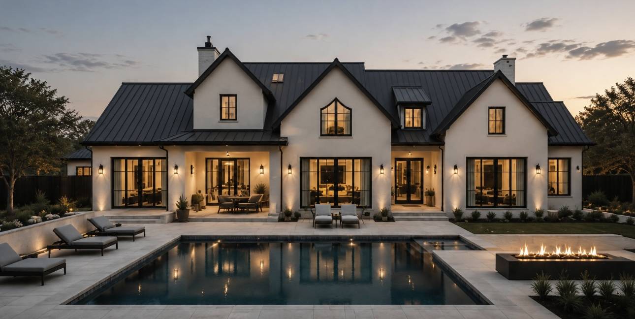 Modern stucco home rear elevation with pool and fire feature at dusk