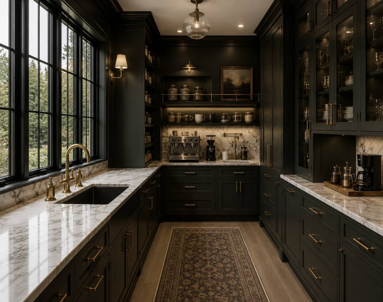 Dark green butler's pantry with brass fixtures and marble counters