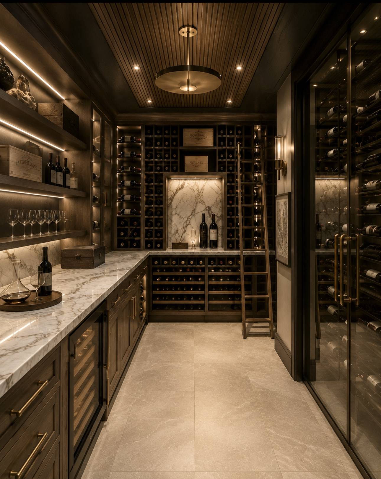 Custom wine cellar with wood shelving, marble accents, and brass ladder
