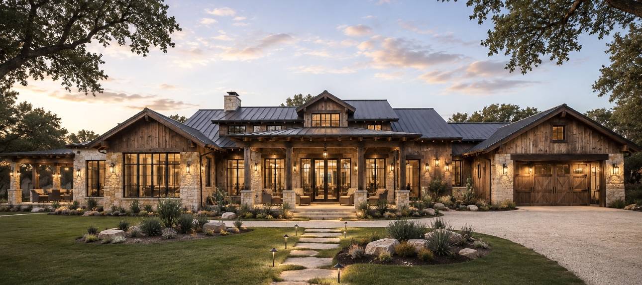 Hill country ranch home with wood and stone exterior